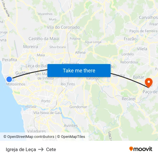 Igreja de Leça to Cete map