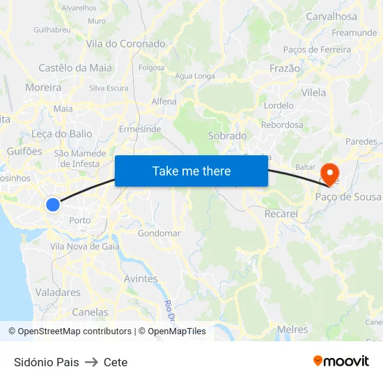 Sidónio Pais to Cete map