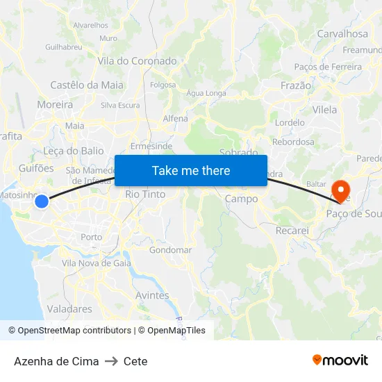 Azenha de Cima to Cete map