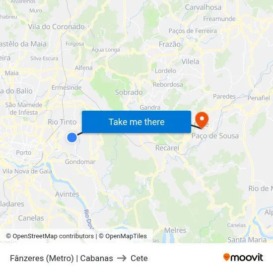 Fânzeres (Metro) | Cabanas to Cete map