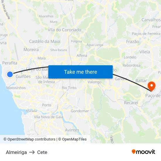 Almeiriga to Cete map