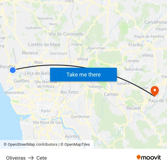 Oliveiras to Cete map