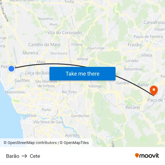 Barão to Cete map