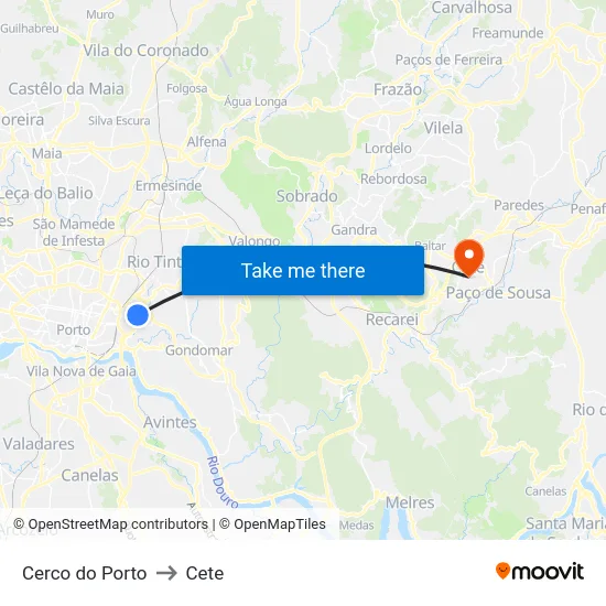 Cerco do Porto to Cete map