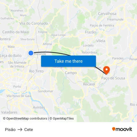 Pisão to Cete map