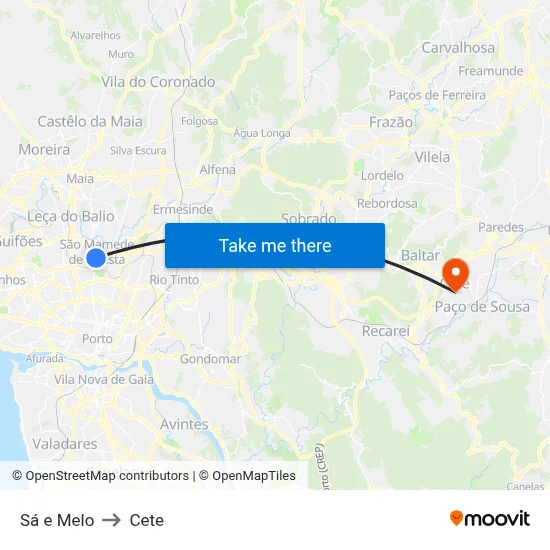 Sá e Melo to Cete map