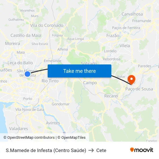 S.Mamede de Infesta (Centro Saúde) to Cete map