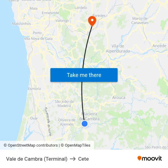 Vale de Cambra (Terminal) to Cete map