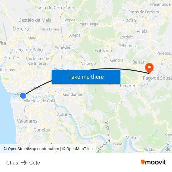 Chãs to Cete map