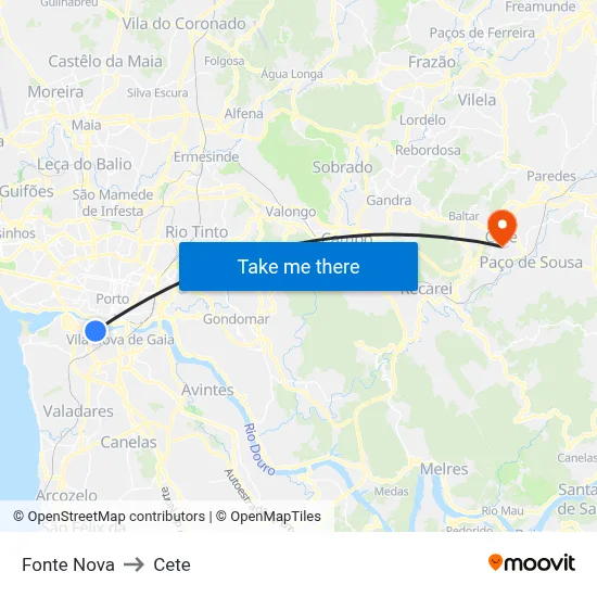 Fonte Nova to Cete map