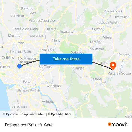 Fogueteiros (Sul) to Cete map