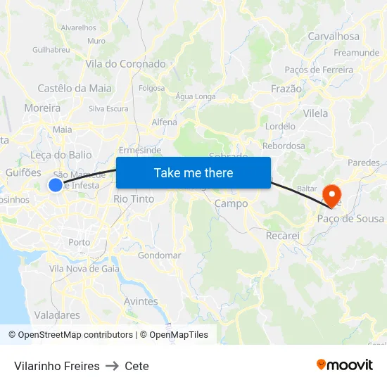Vilarinho Freires to Cete map