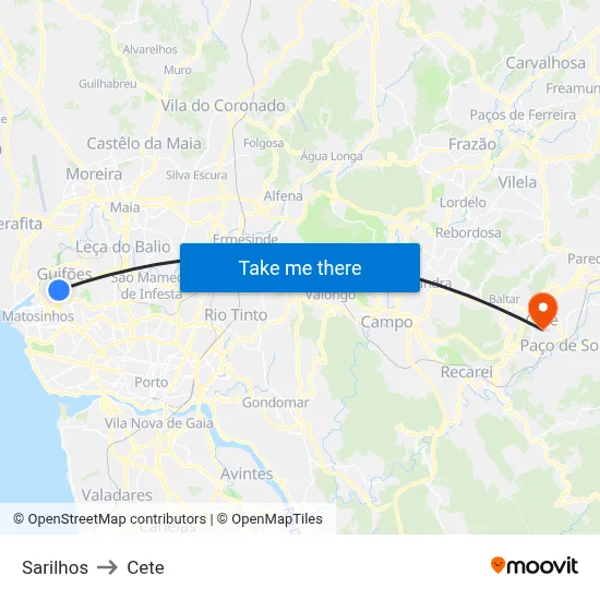 Sarilhos to Cete map