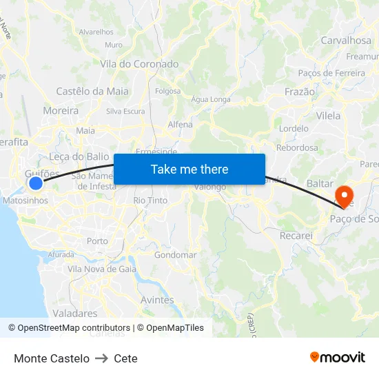 Monte Castelo to Cete map