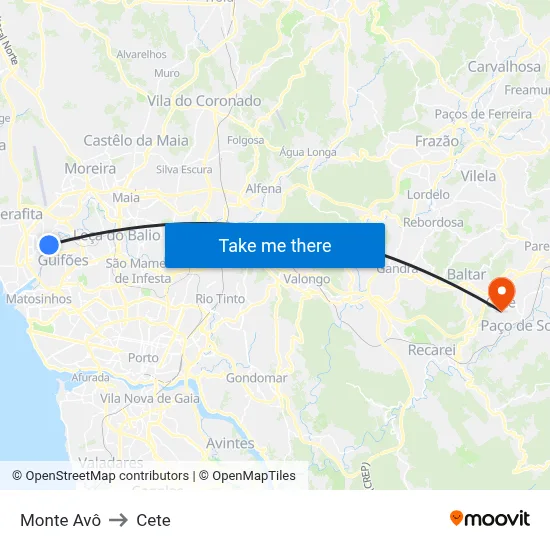 Monte Avô to Cete map