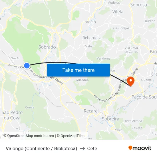 Valongo (Continente / Biblioteca) to Cete map