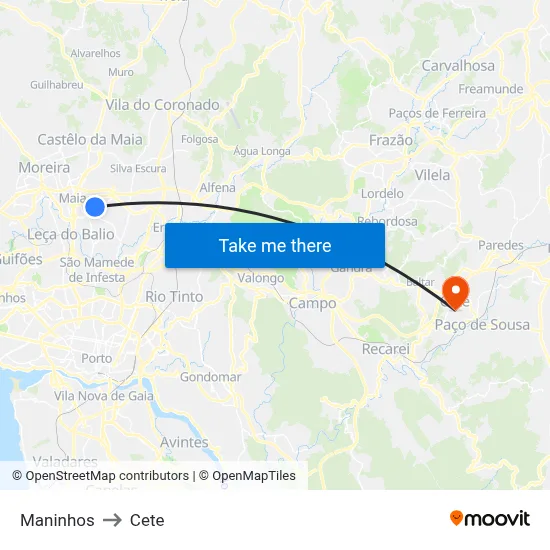 Maninhos to Cete map