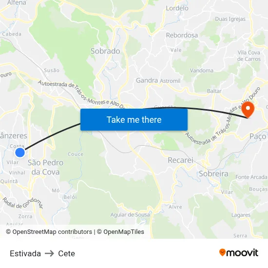 Estivada to Cete map