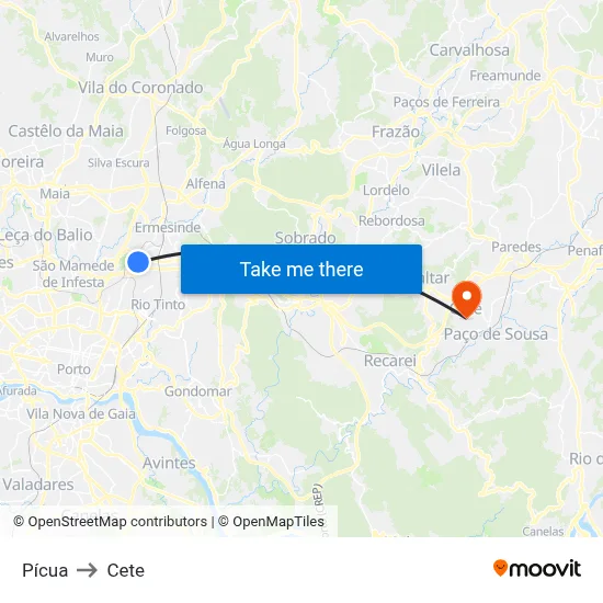 Pícua to Cete map