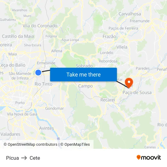 Pícua to Cete map