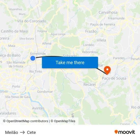Meilão to Cete map