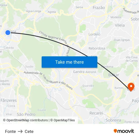 Fonte to Cete map