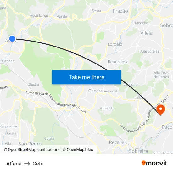 Alfena to Cete map