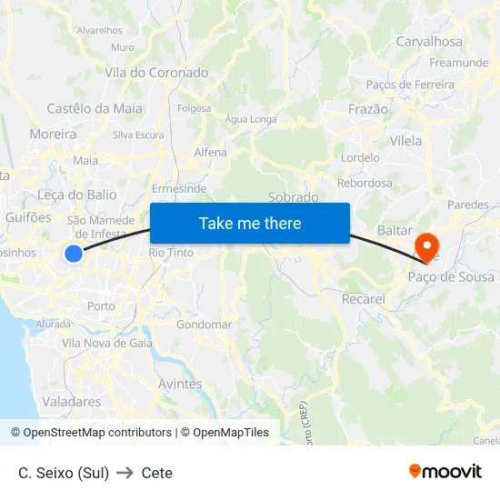 C. Seixo (Sul) to Cete map