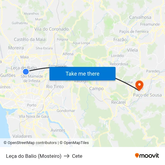 Leça do Balio (Mosteiro) to Cete map