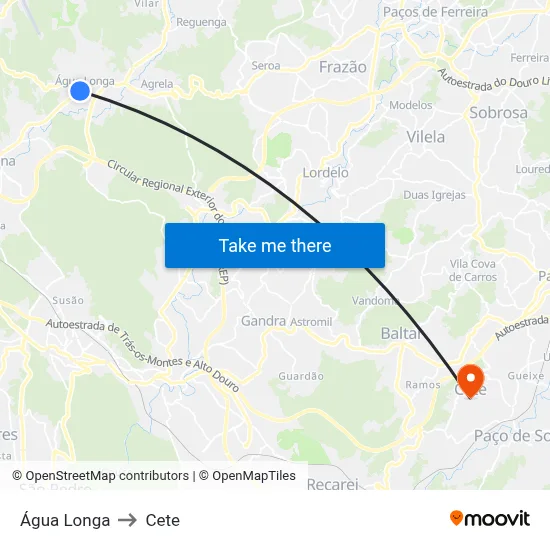 Água Longa to Cete map
