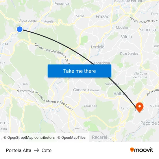 Portela Alta to Cete map