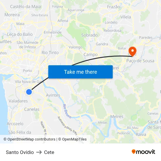 Santo Ovídio to Cete map