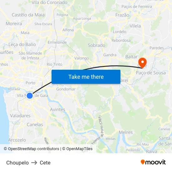 Choupelo to Cete map