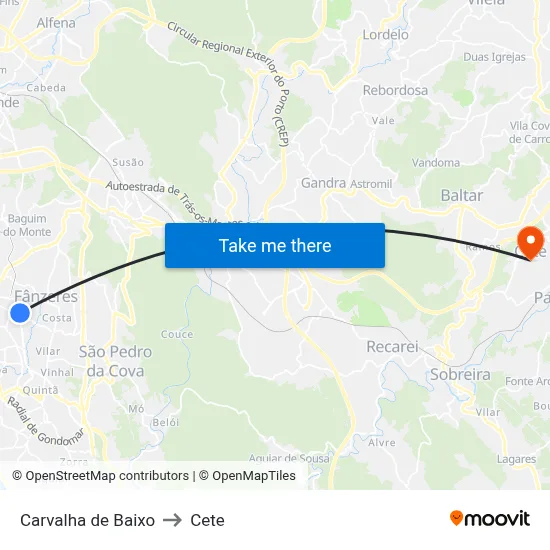 Carvalha de Baixo to Cete map