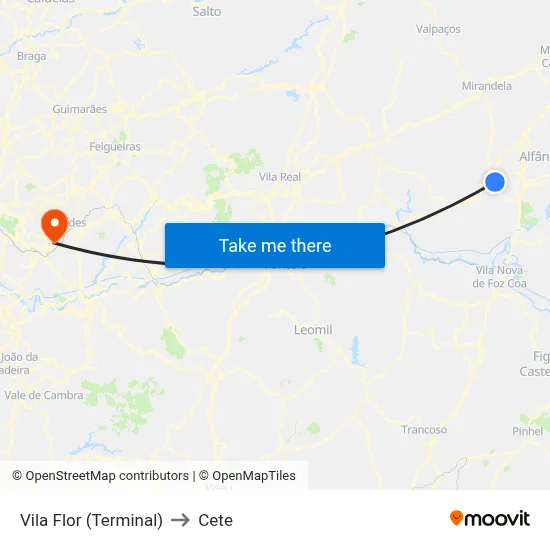 Vila Flor (Terminal) to Cete map
