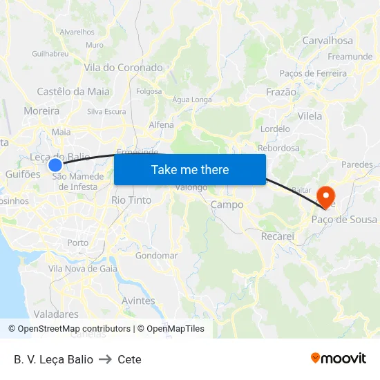 B. V. Leça Balio to Cete map