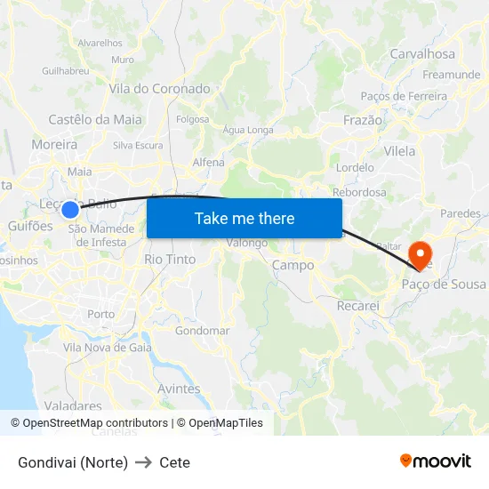 Gondivai (Norte) to Cete map