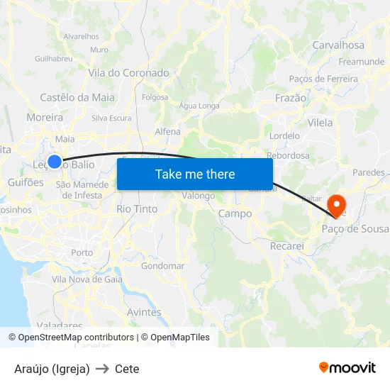 Araújo (Igreja) to Cete map