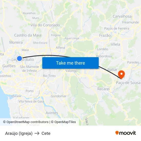 Araújo (Igreja) to Cete map