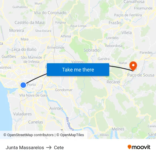 Junta Massarelos to Cete map