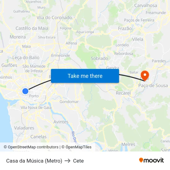 Casa da Música (Metro) to Cete map