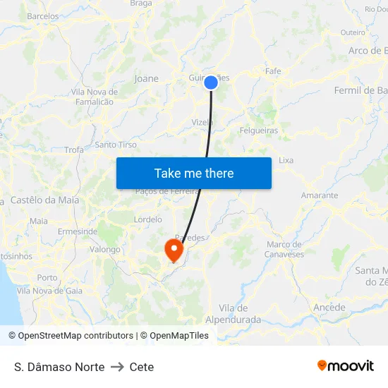 S. Dâmaso Norte to Cete map