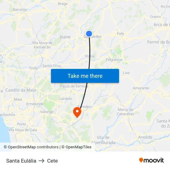Santa Eulália to Cete map