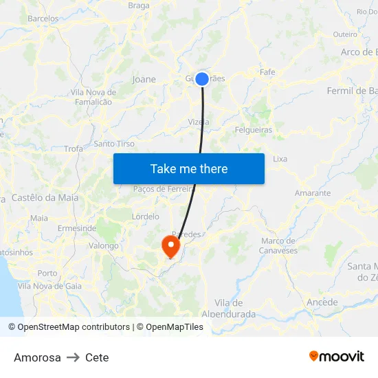 Amorosa to Cete map