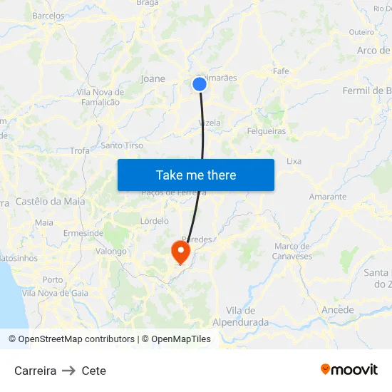 Carreira to Cete map