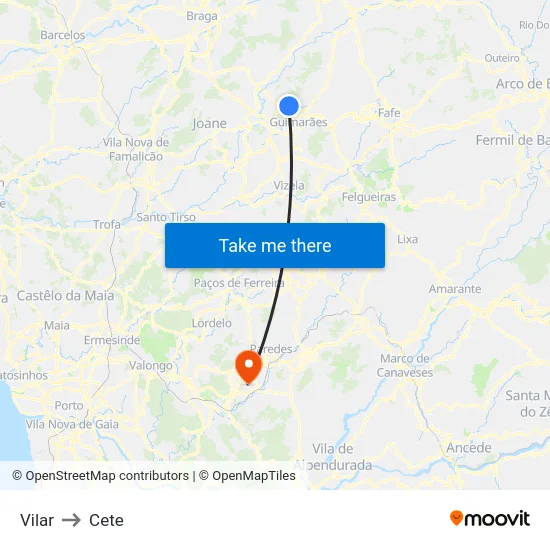 Vilar to Cete map