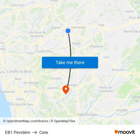 EB1 Pevidém to Cete map