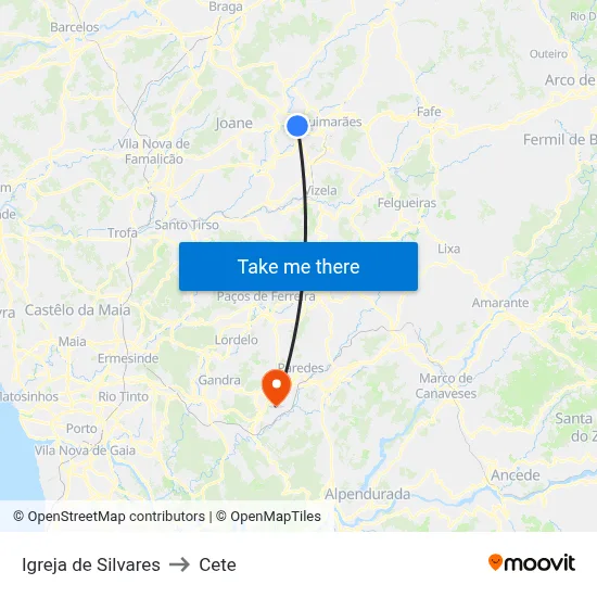 Igreja de Silvares to Cete map