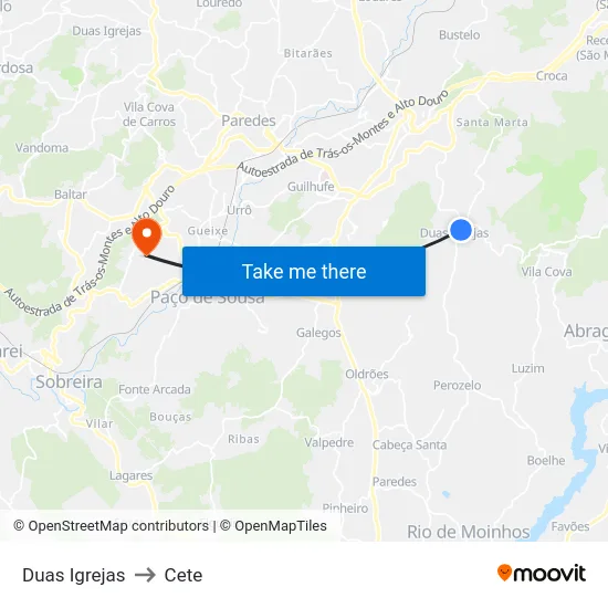Duas Igrejas to Cete map