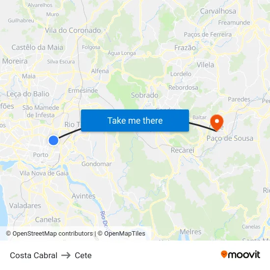 Costa Cabral to Cete map